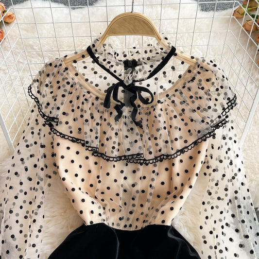Cute Polka Dot Stitching Long-sleeved Dress RF0316