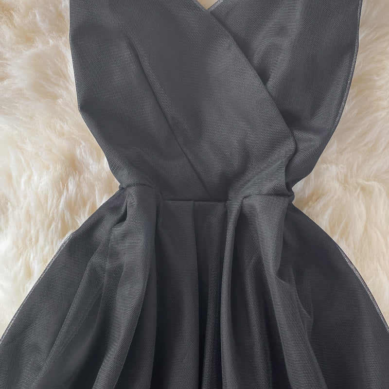 Simple V Neck Tulle Short Dress Black Party Dress  RF0312
