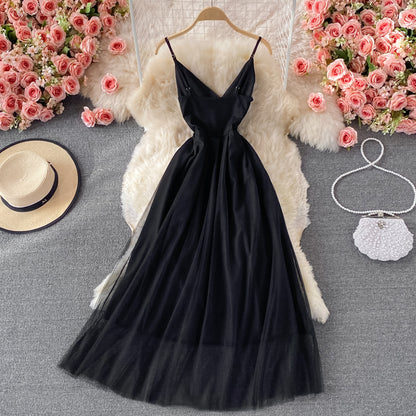 Simple V Neck Tulle Short Dress Black Party Dress  RF0312
