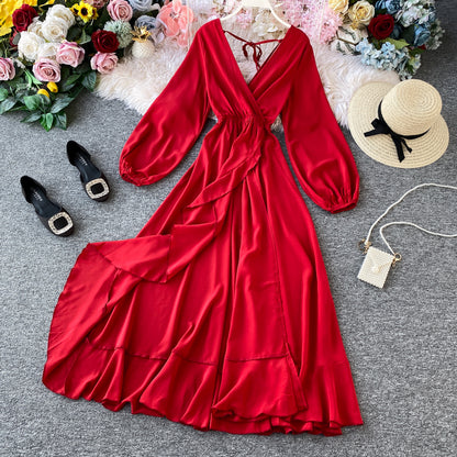 Red V Neck Long Sleeve Dress Fashion Dress RF0310