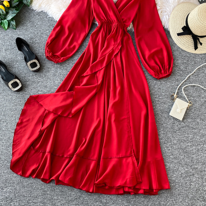 Red V Neck Long Sleeve Dress Fashion Dress RF0310