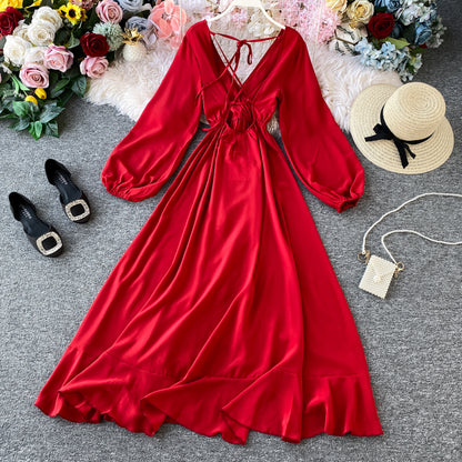 Red V Neck Long Sleeve Dress Fashion Dress RF0310