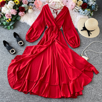 Red V Neck Long Sleeve Dress Fashion Dress RF0310