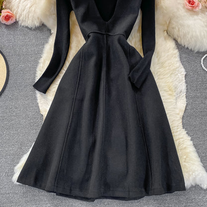 Black Two Pieces Dress Black Knitted Sweater + Woolen Sleeveless Dress RF0309