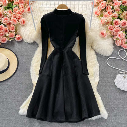 Black Two Pieces Dress Black Knitted Sweater + Woolen Sleeveless Dress RF0309