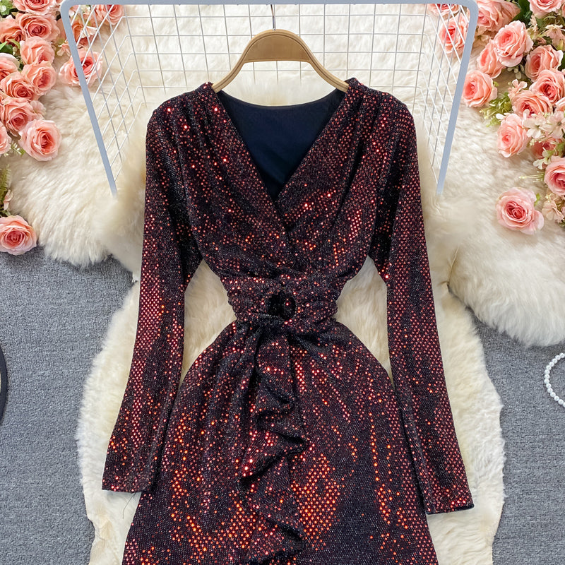 Shiny V Neck Sequins Dress Fashion Dress RF0308