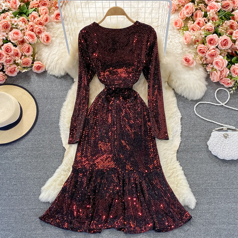 Shiny V Neck Sequins Dress Fashion Dress RF0308
