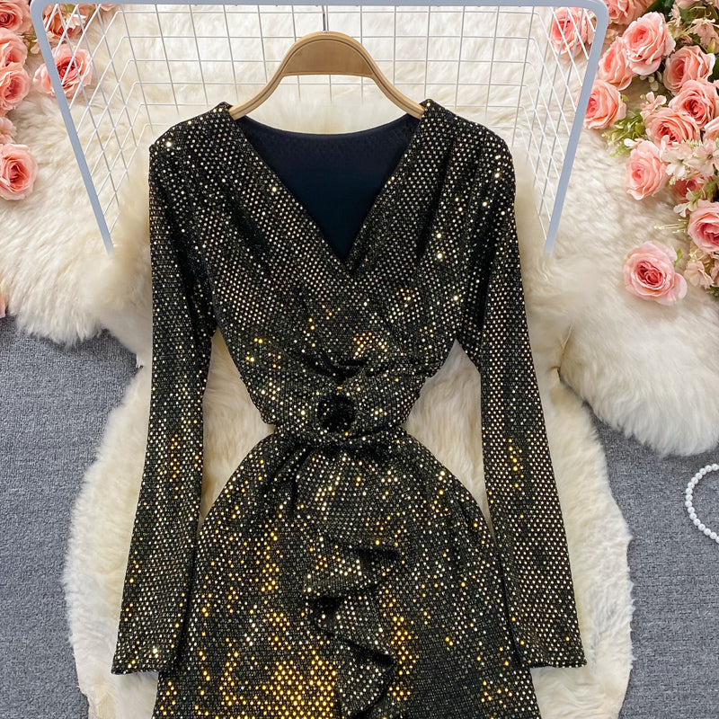 Shiny V Neck Sequins Dress Fashion Dress RF0308