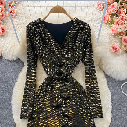 Shiny V Neck Sequins Dress Fashion Dress RF0308