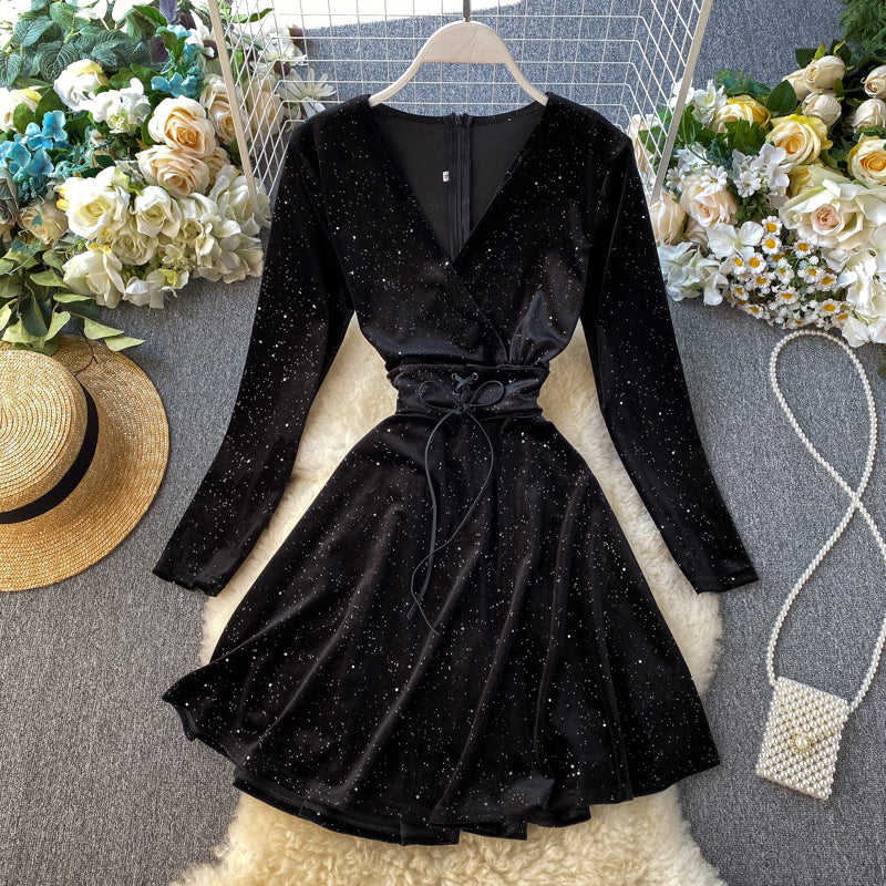 Black V Neck Long Sleeve Dress Fashion Dress RF0306