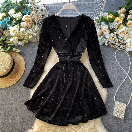 Black V Neck Long Sleeve Dress Fashion Dress RF0306