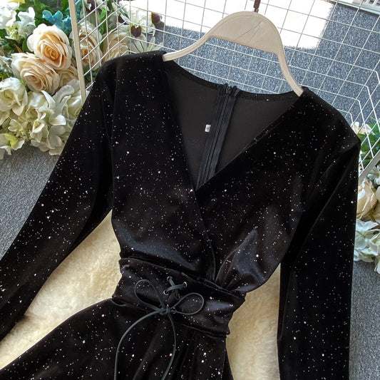 Black V Neck Long Sleeve Dress Fashion Dress RF0306
