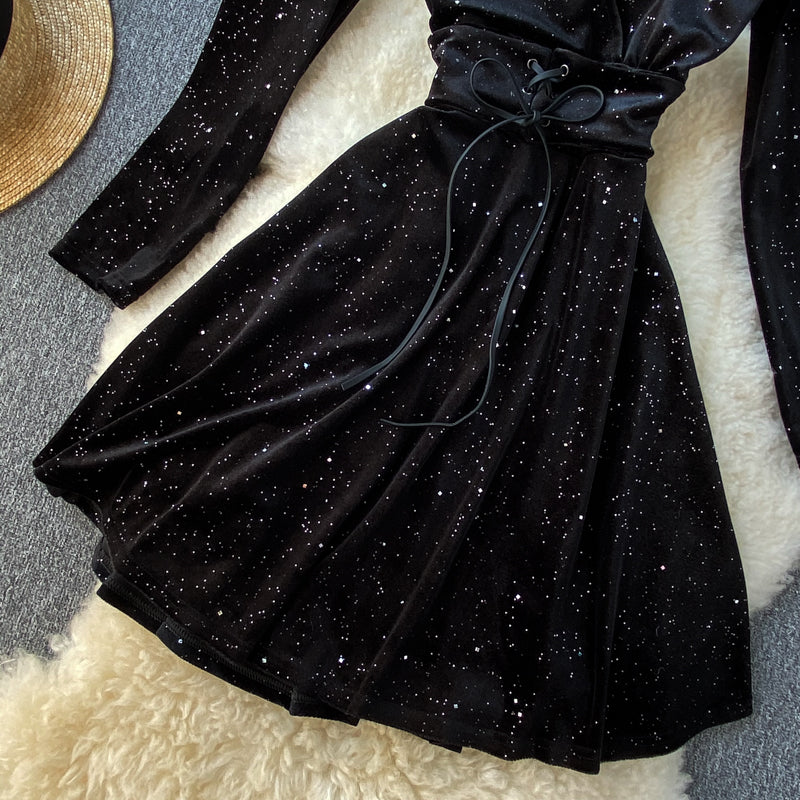 Black V Neck Long Sleeve Dress Fashion Dress RF0306
