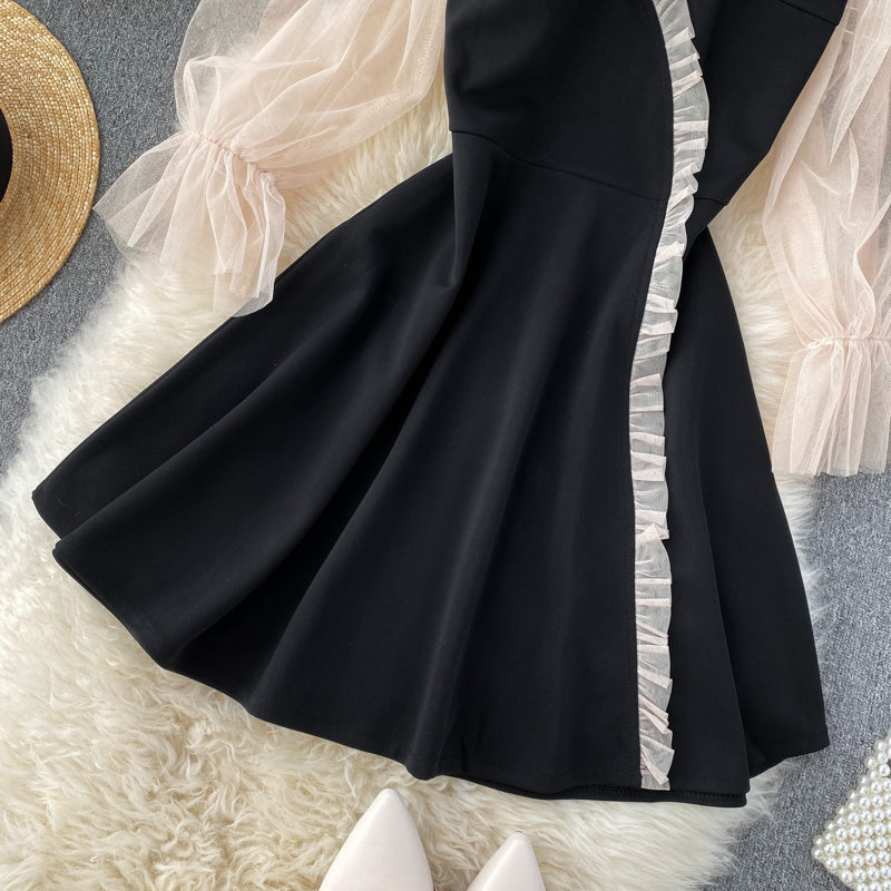 Cute Black Short Dress Long Sleeve Dress RF0304