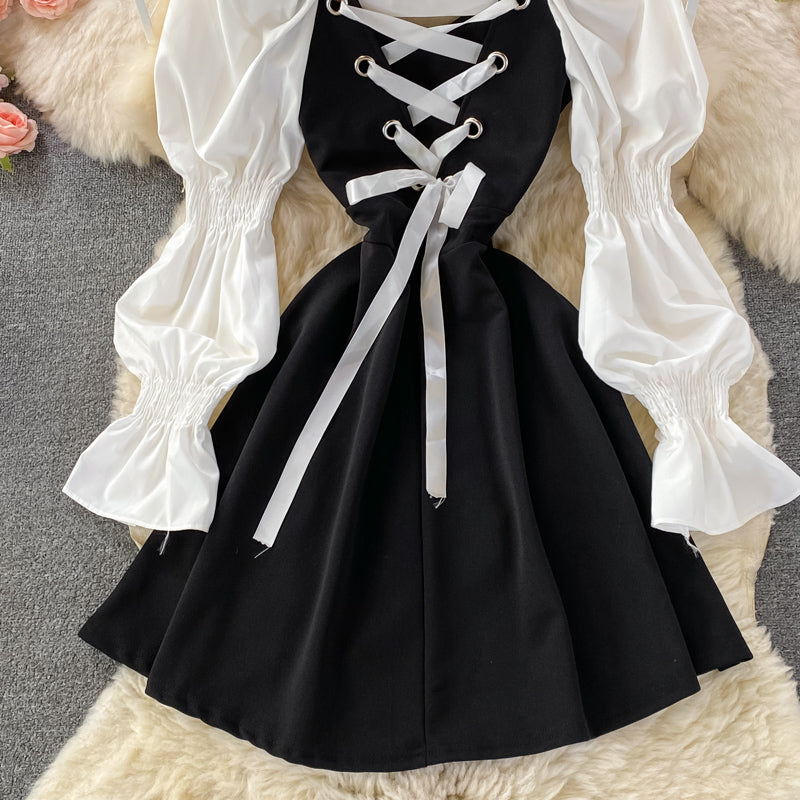 Black Long Sleeve Dress A Line Lace Up Dress RF0300
