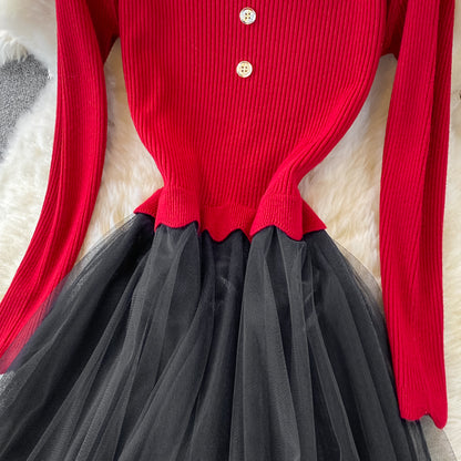 Lovely Knitted Patchwork Tulle Dress A Line Fashion Dress RF0299