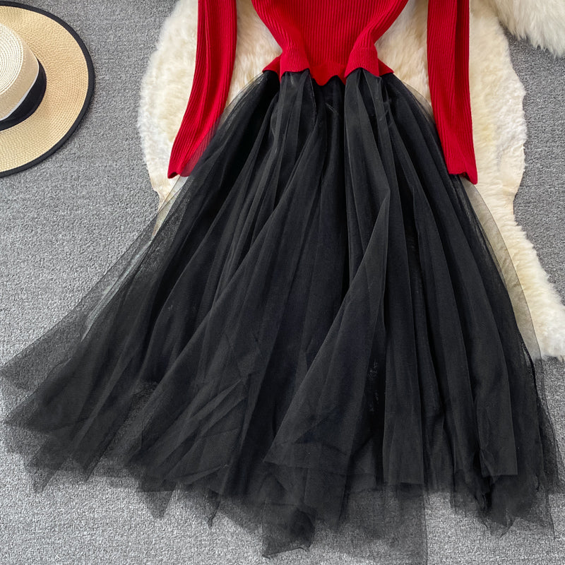 Lovely Knitted Patchwork Tulle Dress A Line Fashion Dress RF0299