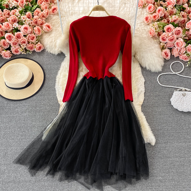 Lovely Knitted Patchwork Tulle Dress A Line Fashion Dress RF0299