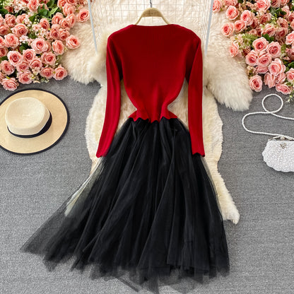 Lovely Knitted Patchwork Tulle Dress A Line Fashion Dress RF0299