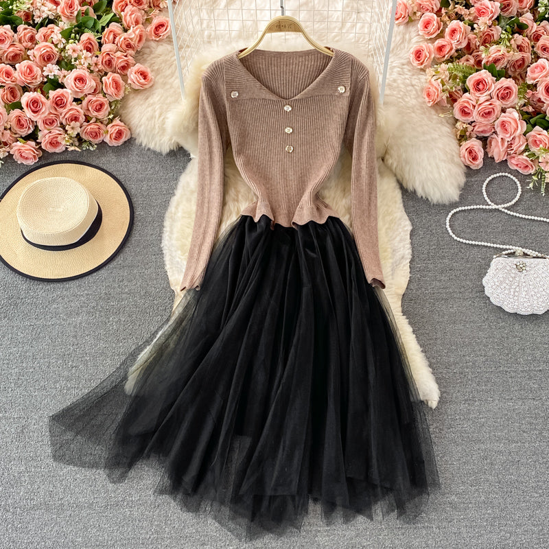 Lovely Knitted Patchwork Tulle Dress A Line Fashion Dress RF0299