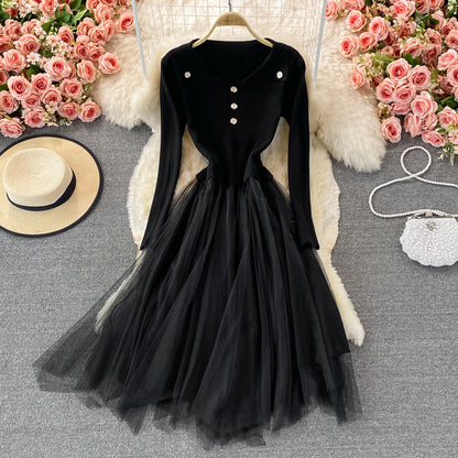 Lovely Knitted Patchwork Tulle Dress A Line Fashion Dress RF0299