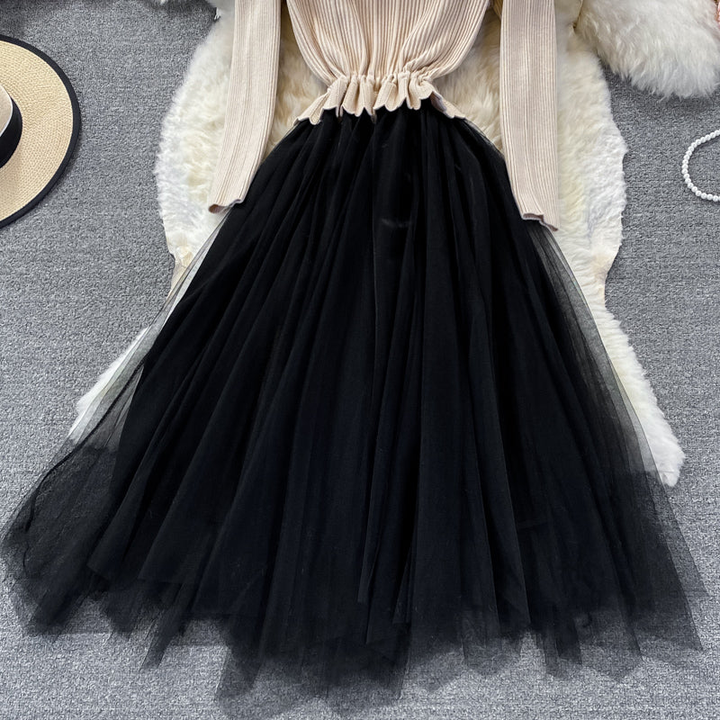Lovely Knitted Patchwork Tulle Dress A Line V Neck Fashion Dress RF0298