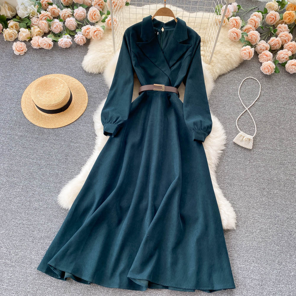 Blue Corduroy Long Sleeve Dress Blue Fashion Dress RF0296