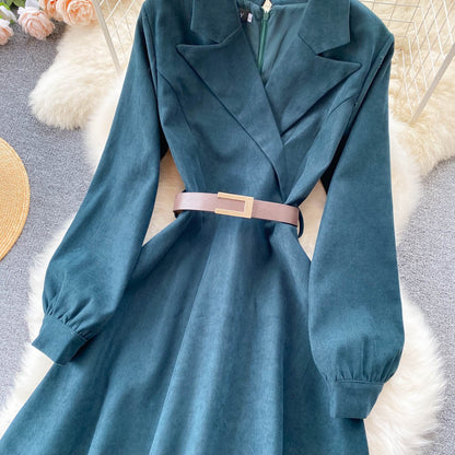 Blue Corduroy Long Sleeve Dress Blue Fashion Dress RF0296