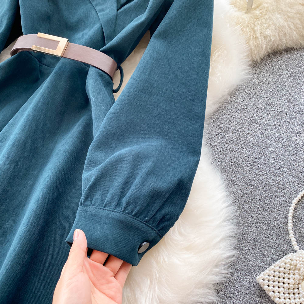 Blue Corduroy Long Sleeve Dress Blue Fashion Dress RF0296