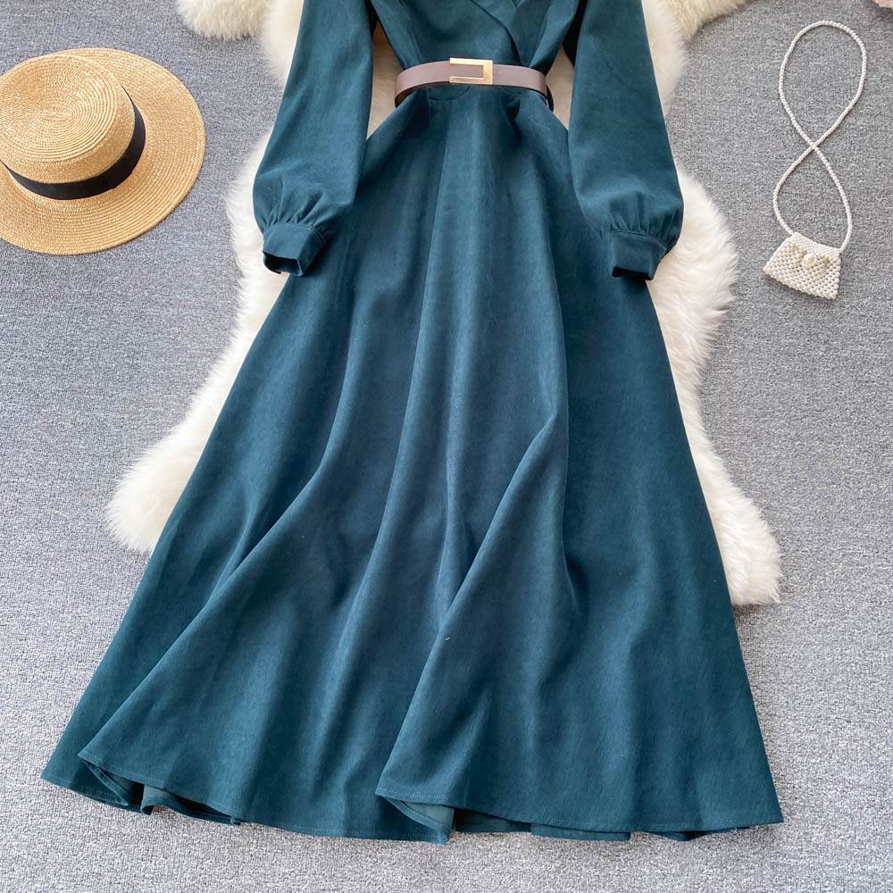 Blue Corduroy Long Sleeve Dress Blue Fashion Dress RF0296