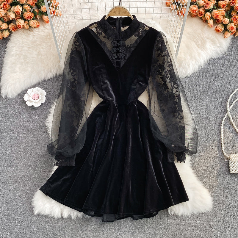 Black Lace Long Sleeve Dress Black Fashion Dress RF0293