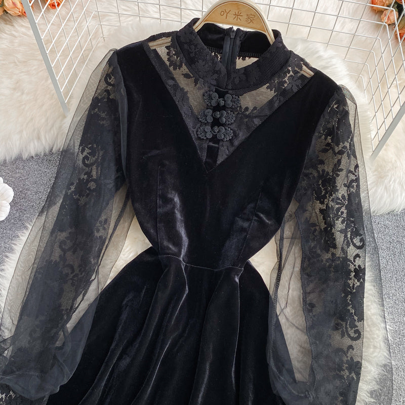 Black Lace Long Sleeve Dress Black Fashion Dress RF0293