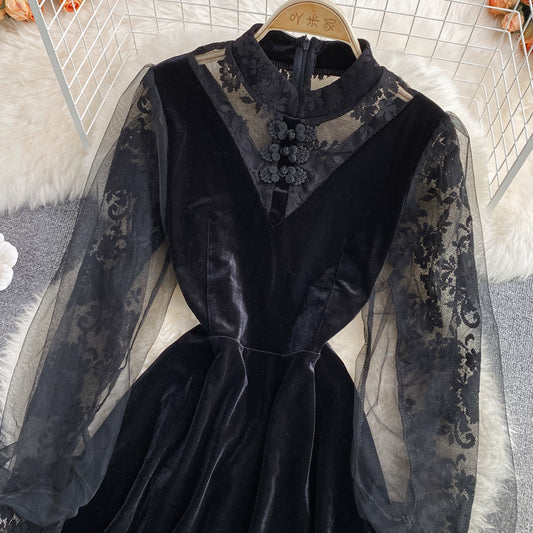 Black Lace Long Sleeve Dress Black Fashion Dress RF0293
