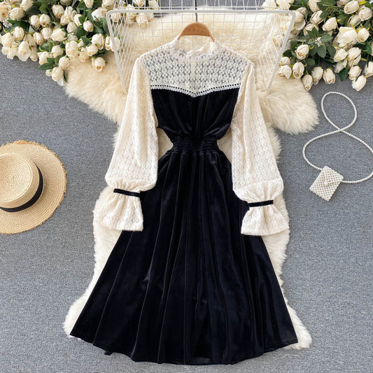 Black Velvet Lace Dress A Line Long Sleeve Fashion Dress RF0290