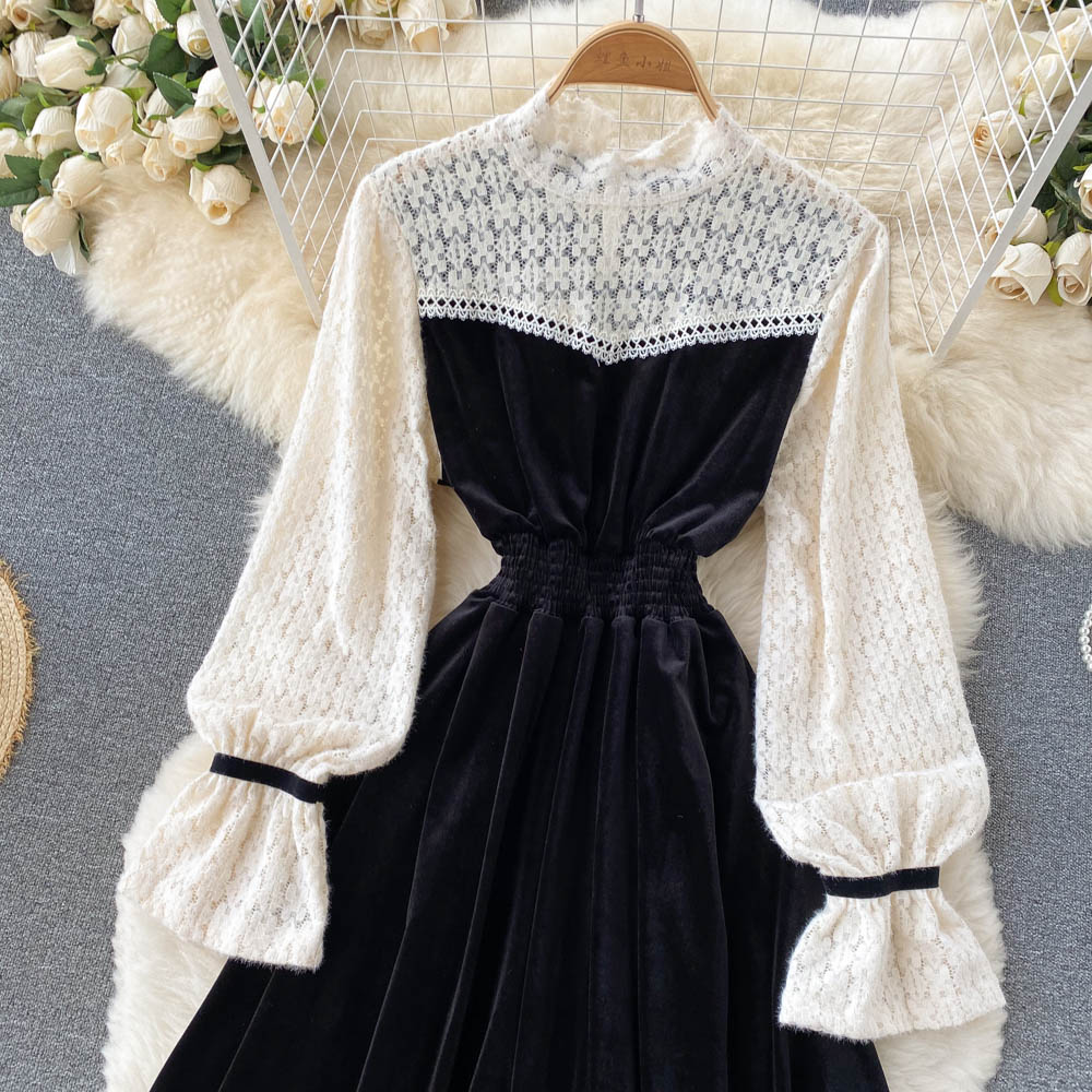 Black Velvet Lace Dress A Line Long Sleeve Fashion Dress RF0290