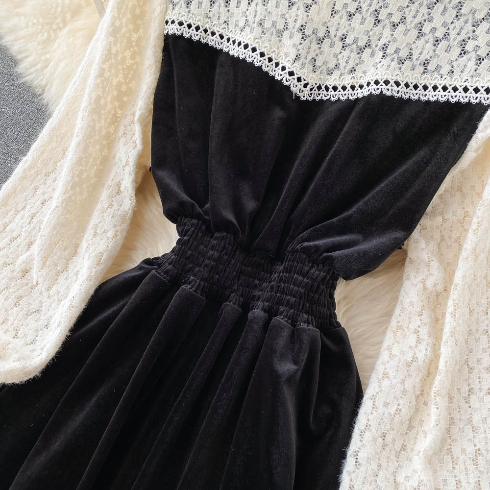 Black Velvet Lace Dress A Line Long Sleeve Fashion Dress RF0290