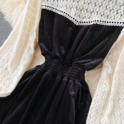 Black Velvet Lace Dress A Line Long Sleeve Fashion Dress RF0290