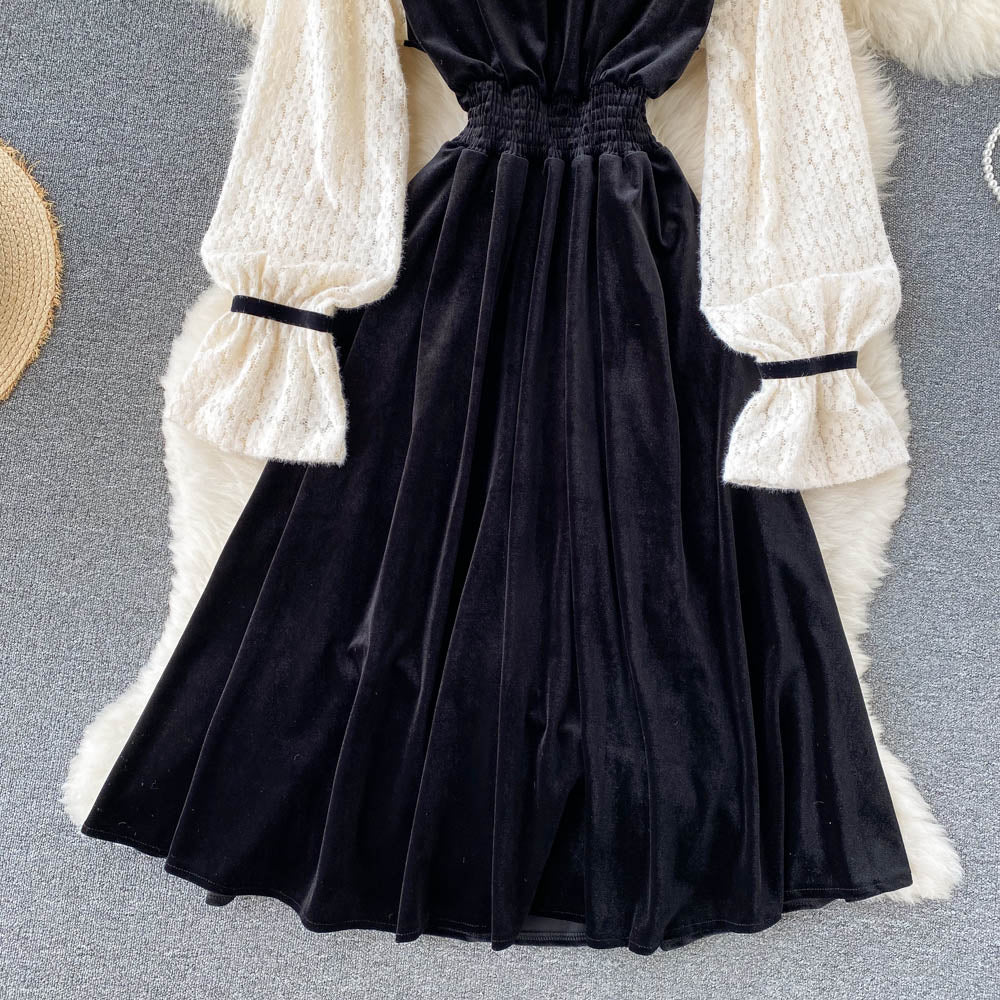 Black Velvet Lace Dress A Line Long Sleeve Fashion Dress RF0290
