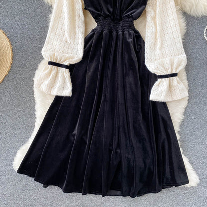 Black Velvet Lace Dress A Line Long Sleeve Fashion Dress RF0290