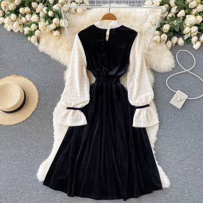 Black Velvet Lace Dress A Line Long Sleeve Fashion Dress RF0290