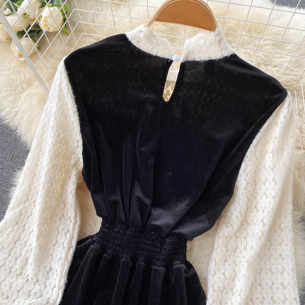 Black Velvet Lace Dress A Line Long Sleeve Fashion Dress RF0290