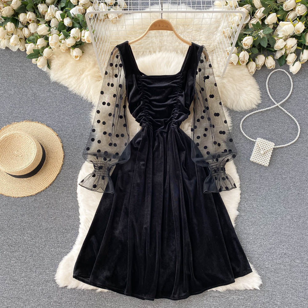 Cute Velvet Long Sleeve Dress Black Fashion Dress RF0289