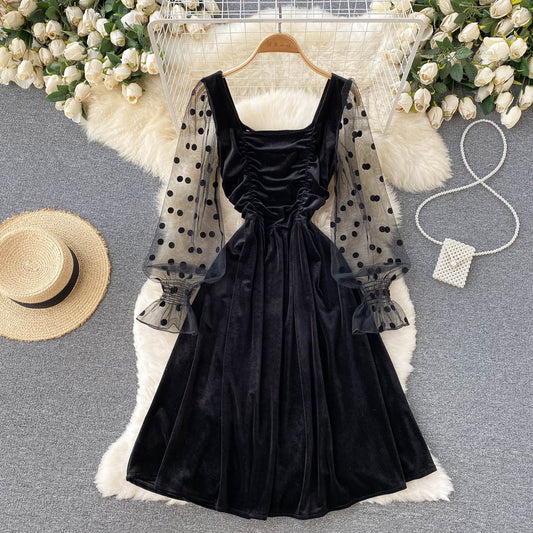 Cute Velvet Long Sleeve Dress Black Fashion Dress RF0289