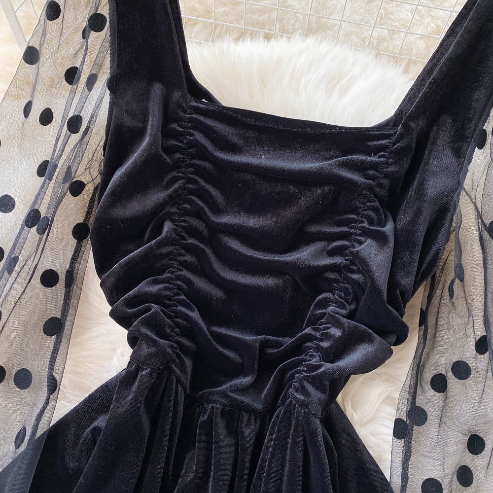 Cute Velvet Long Sleeve Dress Black Fashion Dress RF0289