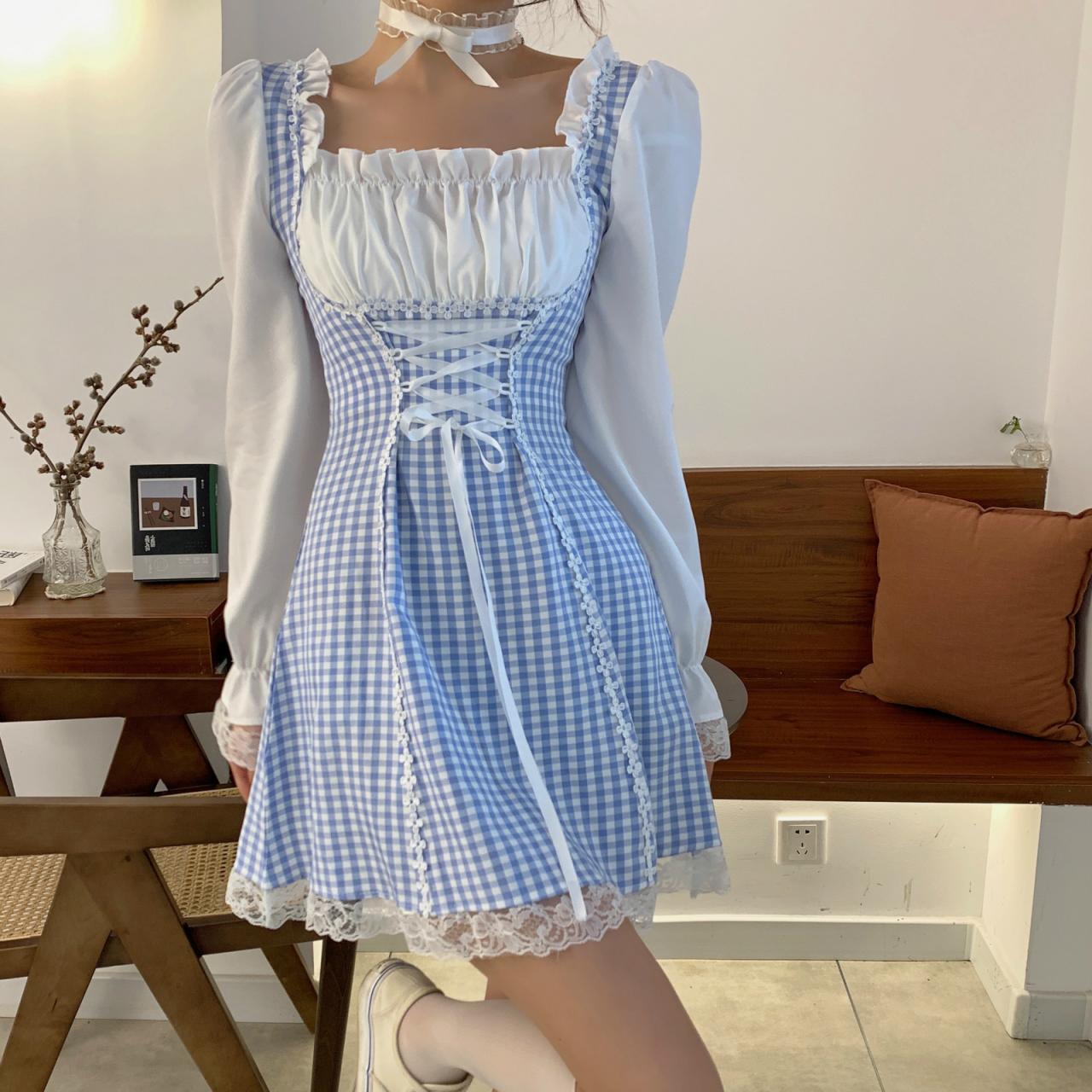 Cute Plaid Long Sleeve Dress Lace Up Dress RF0284