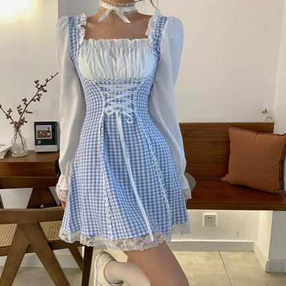 Cute Plaid Long Sleeve Dress Lace Up Dress RF0284