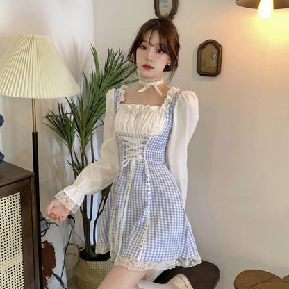 Cute Plaid Long Sleeve Dress Lace Up Dress RF0284