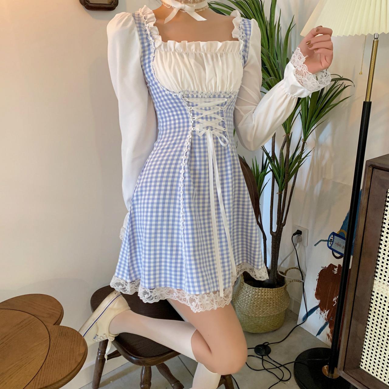 Cute Plaid Long Sleeve Dress Lace Up Dress RF0284