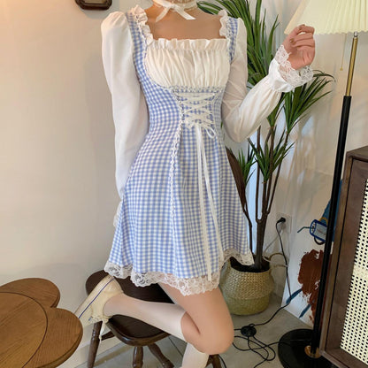 Cute Plaid Long Sleeve Dress Lace Up Dress RF0284