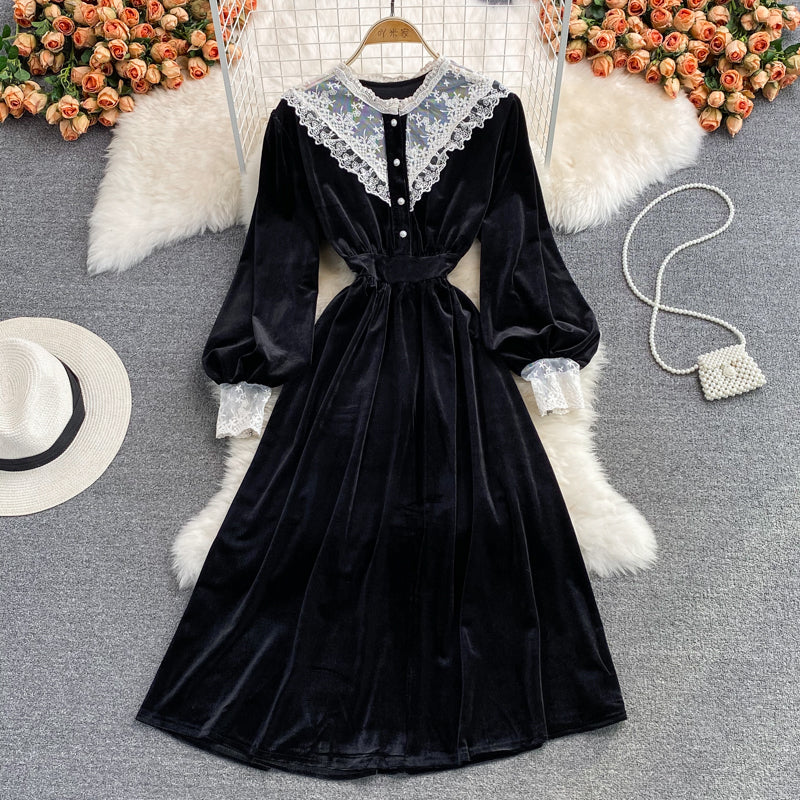 Black Velvet Lace Long Sleeve Dress Black A Line Dress RF0281